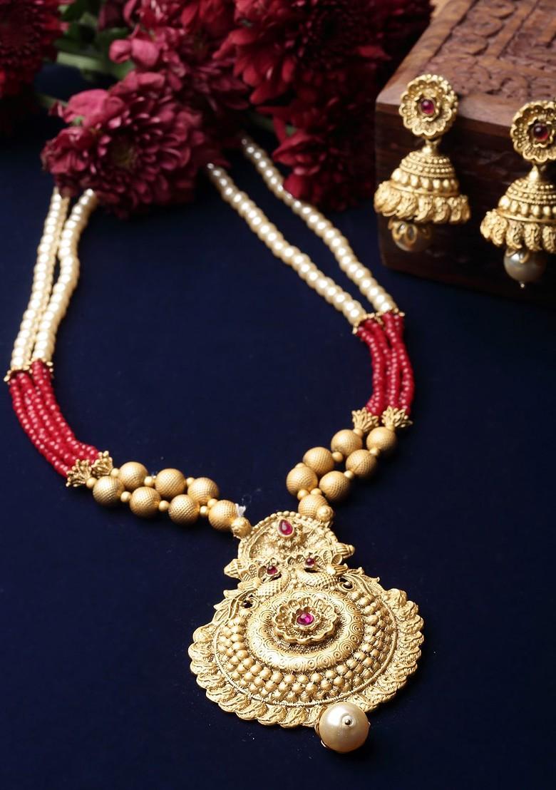 Gold Plated Stone Stud And Pearl Bead Necklace And Earrings