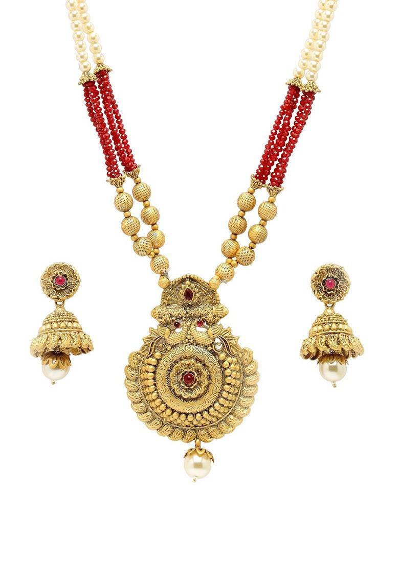 Gold Plated Stone Stud And Pearl Bead Necklace And Earrings