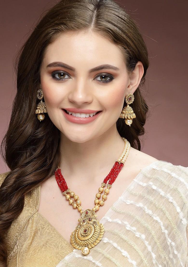 Gold Plated Stone Stud And Pearl Bead Necklace And Earrings