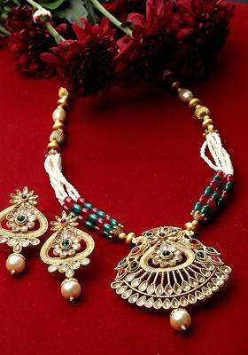 Gold Plated Kundan Stone Stud And Bead Necklace And Earrings