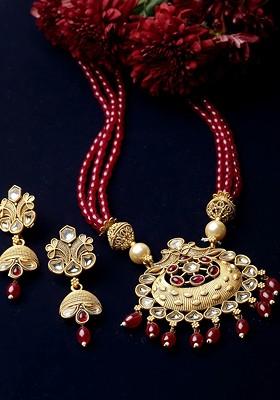 Gold Plated Stone Stud And Pearl Bead Necklace And Earrings