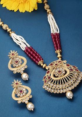 Gold Plated Kundan Stud And Pearl Bead Necklace And Earrings