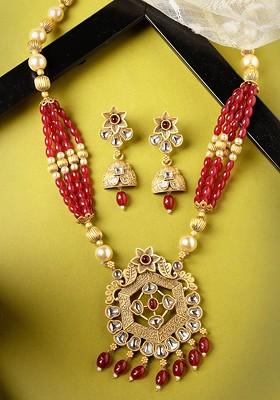 Gold Plated Kundan Stud And Pearl Bead Jewellery Set