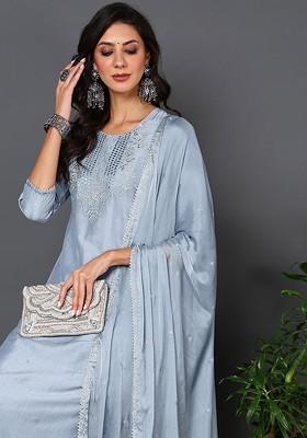 Ethnic Motifs Embroidered Regular Mirror Work Straight Kurta With Trousers And Dupatta