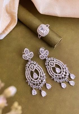 Silver Plated Cubic Zirconia Studded Floral Shaped Ring Earrings
