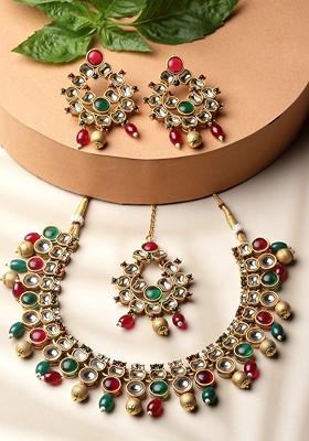 Gold Plated Kundan Stone Stud And Pearl Bead Jewellery Set