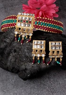 Gold Plated Kundan Stone Stud And Bead Jewellery Set