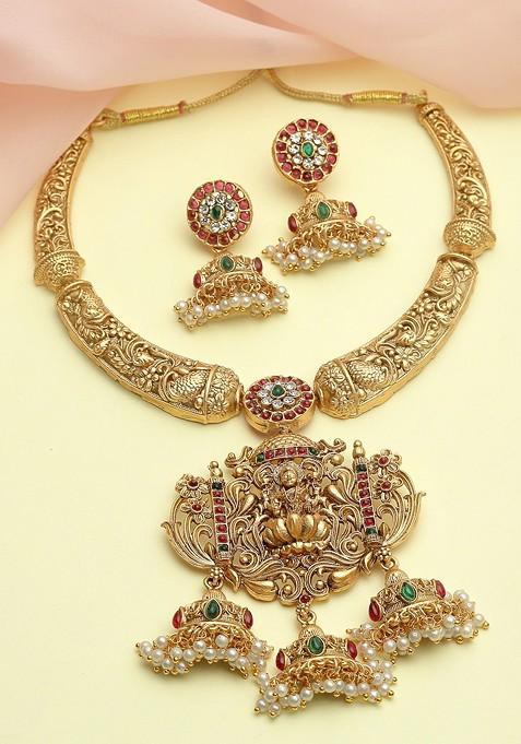 Gold Plated Kundan Studded And Beaded Jewellery Set