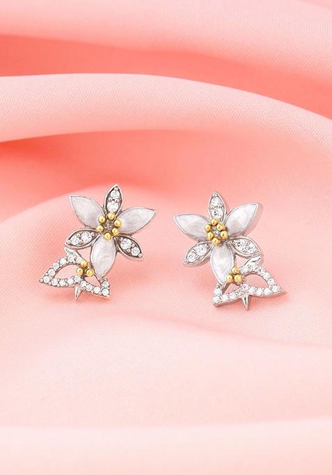 Indya X Giva Rhodium Plated Contemporary Zircon Studded 925 Sterling Silver Studs Earrings