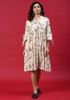 Floral Printed Shirt Collar Bell Sleeves Cotton A-Line Dress