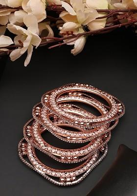 Set Of 4 Rose Gold Plated CZ Studded Bangle Style Bracelet