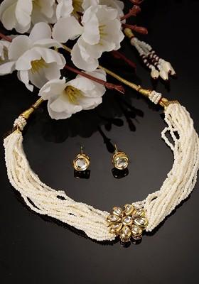 Gold Plated Kundan Stone Stud And Bead Jewellery Set