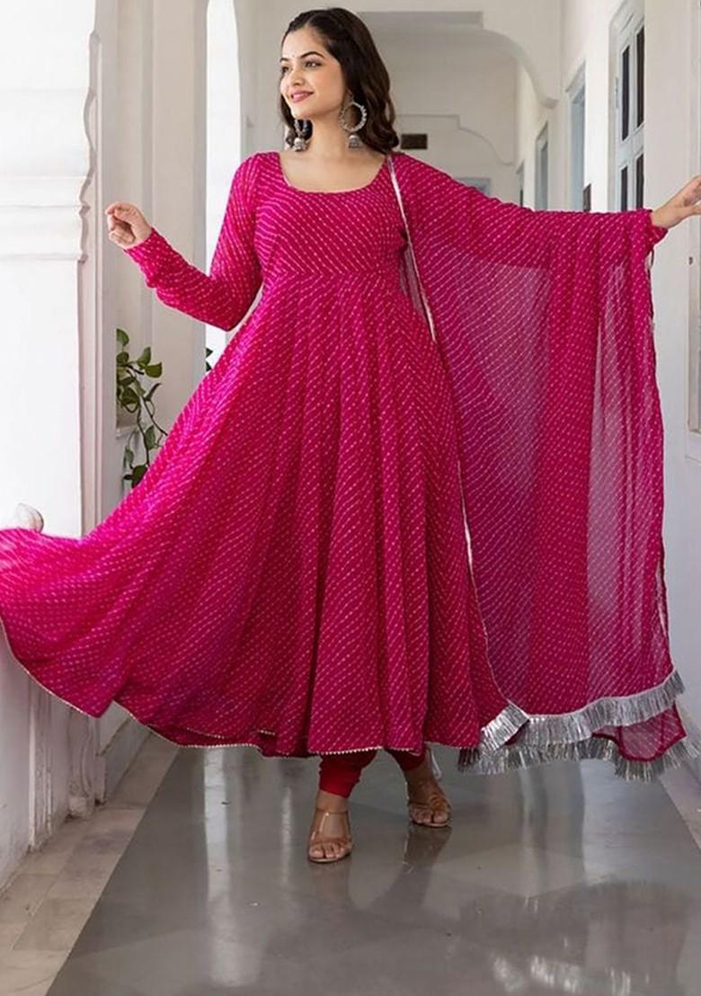 Leheriya Printed Georgette Anarkali Kurta With Dupatta