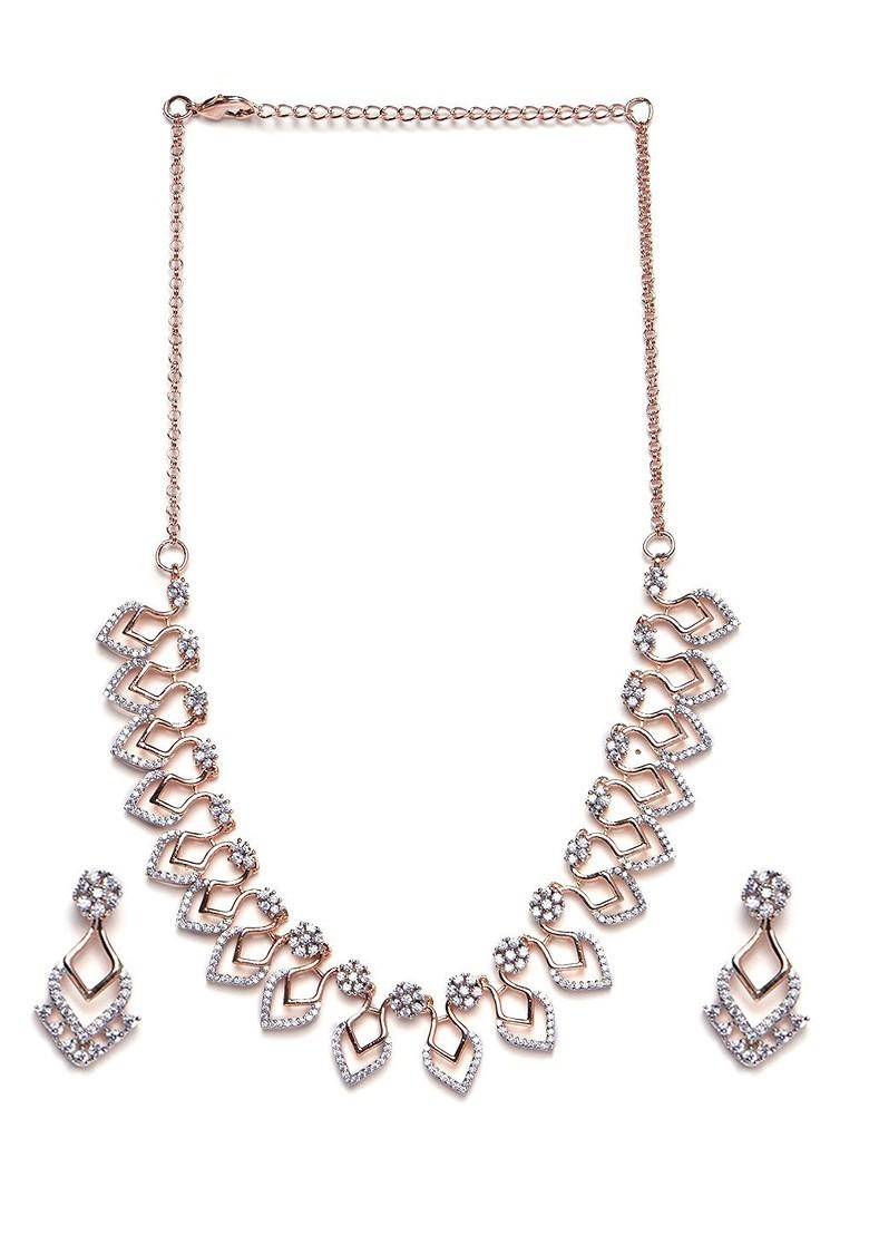 Gold Plated Stone Studded Necklace With Earrings - Indya