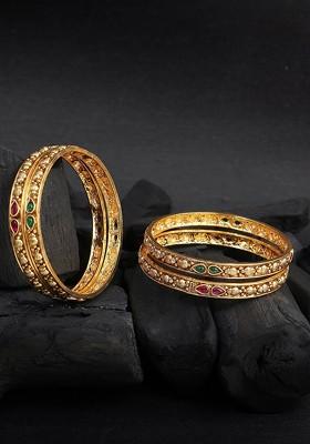 Set Of 4 Gold Plated Stone Studded Traditional Bangles