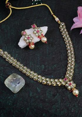 Gold Plated Artificial Stone Studded And Bead Jewellery Set