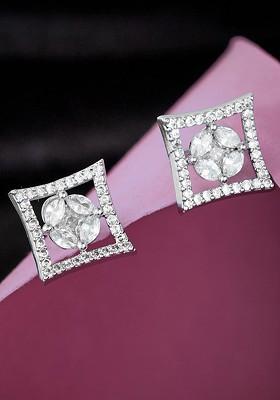 Silver Plated Cubic Zirconia Studded Square Shaped Studs Earrings
