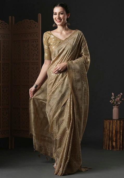 Beige And Gold-Toned Geometric Printed Zari Saree