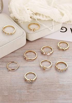 Set Of 9 Crystal Studded Ring