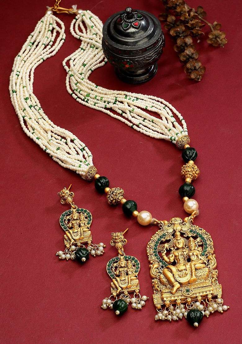 Gold Plated Stone Studded And Beaded Jewellery Set - Indya