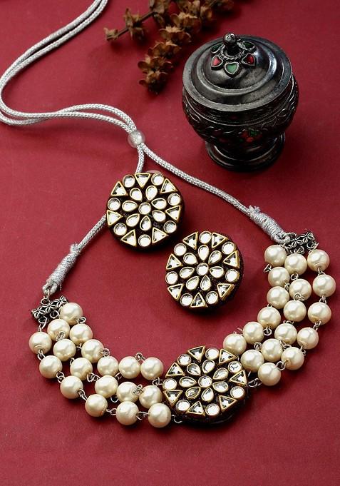 Gold Plated Stone Studded And Beaded Jewellery Set