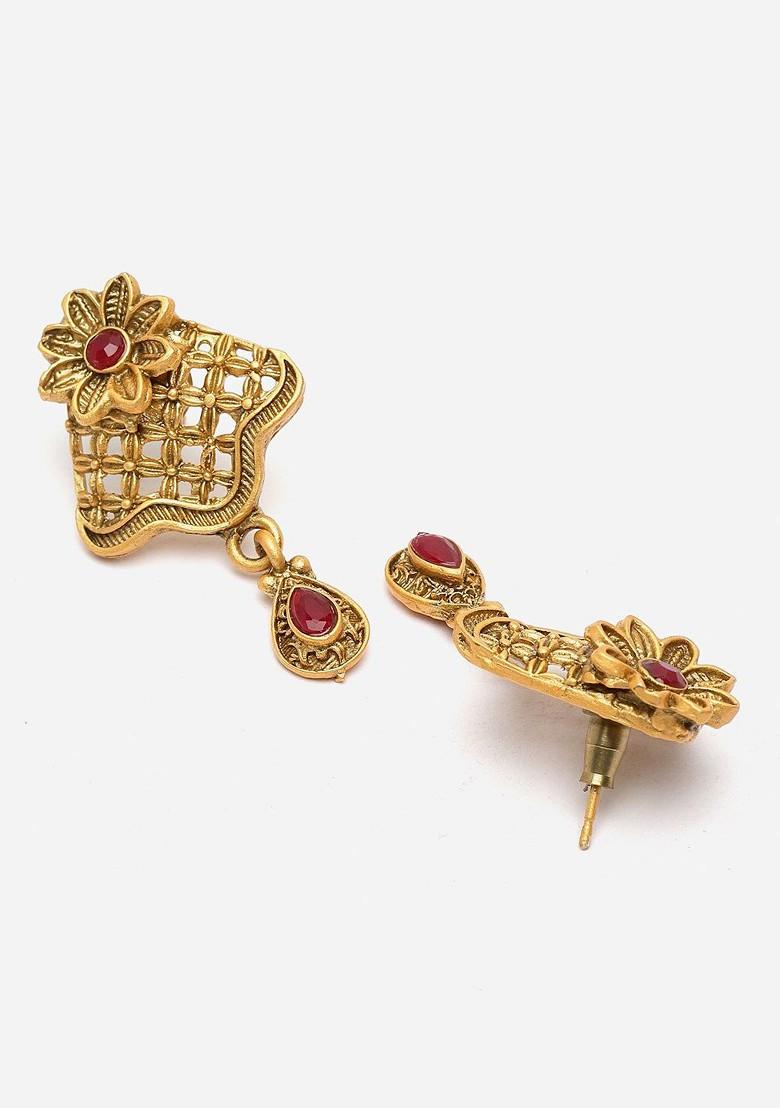 Gold Plated Stone Studded And Beaded Jewellery Set