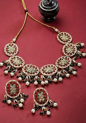 Gold Plated Kundan Studded And Beaded Jewellery Set
