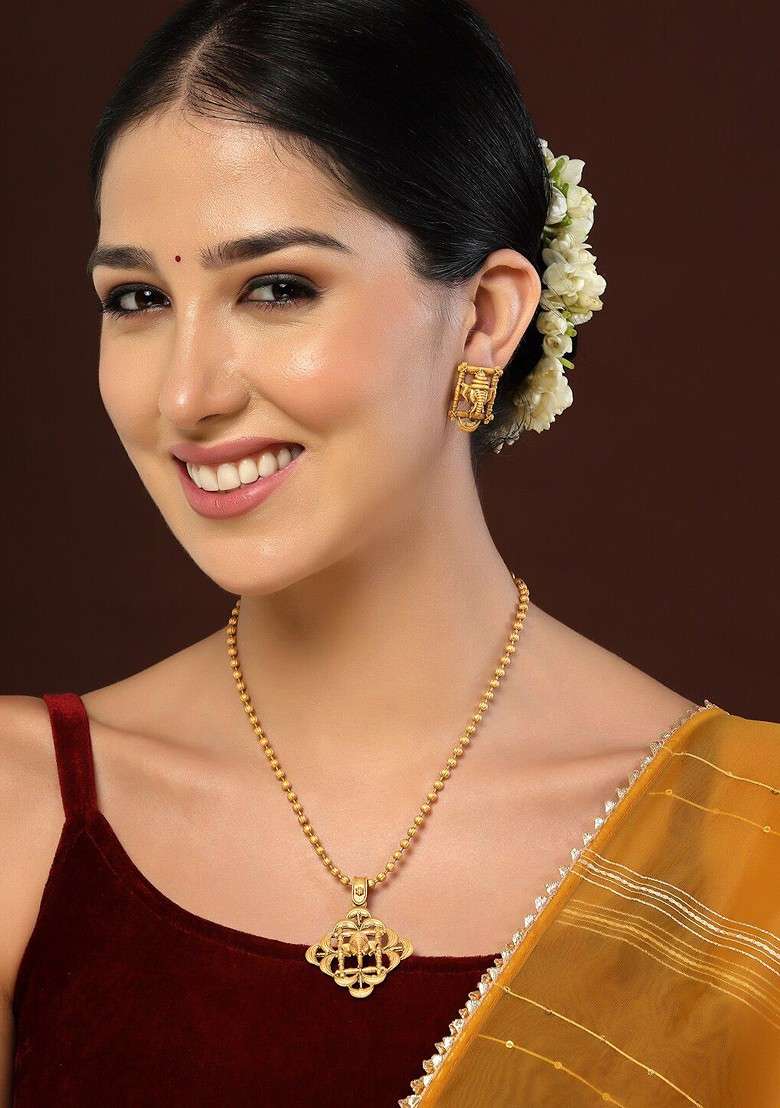 Gold Plated CZ Studded Ganesh Shaped Pendant With Chain - Indya