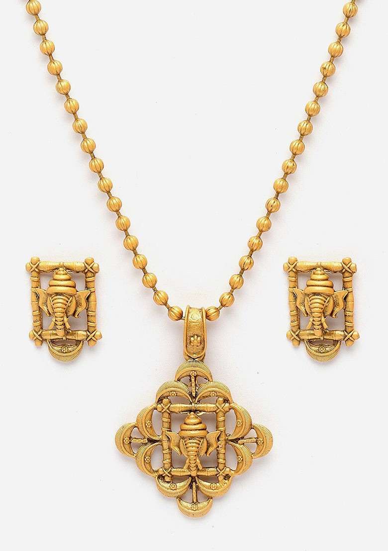 Gold Plated CZ Studded Ganesh Shaped Pendant With Chain - Indya