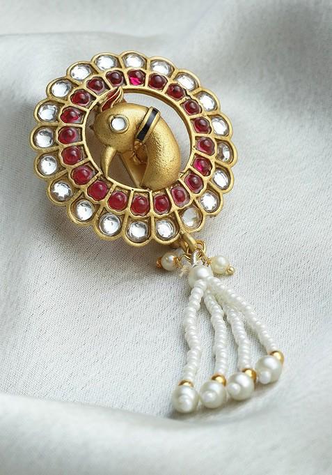 Gold Plated Artificial Stones and Beads Brooch