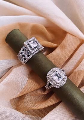 Set of 2 Silver Plated Floral Shaped Cubic Zirconia Studded Rings