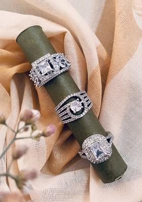 Set of 3 Silver Plated Cubic Zirconia Stone Studded Adjustable Finger Rings