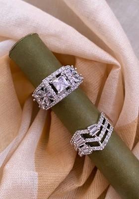 Set of 2 Silver Plated Floral Shaped Cubic Zirconia Studded Rings