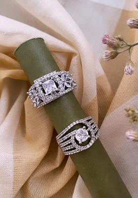 Set of 2 Silver Plated Floral Shaped Cubic Zirconia Studded Rings