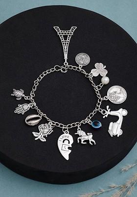 Silver Plated German Silver Evil Eye Studded And Beaded Charm Bracelet