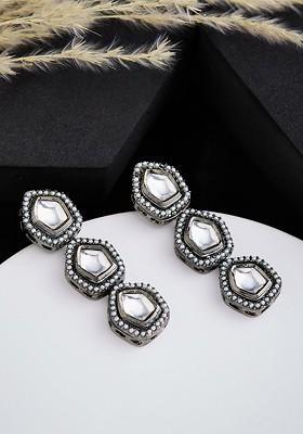 Silver Plated Kundan Stone Studded Contemporary Oxidised Drop Earrings