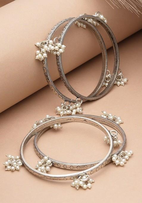 Set of 4 Silver Plated Pearls Beaded Bangles