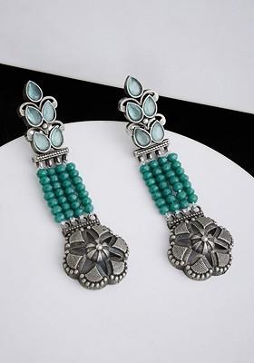 Silver Plated Artificial Stones And Beads Studded Drop Earrings