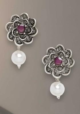 Silver Plated Stone Stud Bead Oxidised Floral Drop Earrings