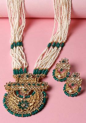 Gold Plated Stone Stud And Bead  Necklace With Earrings