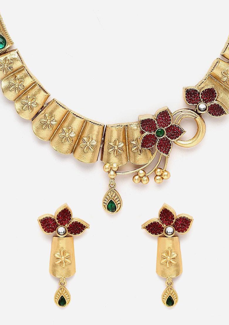 Gold Plated Artificial Stones and Beads Jewellery Set - Indya