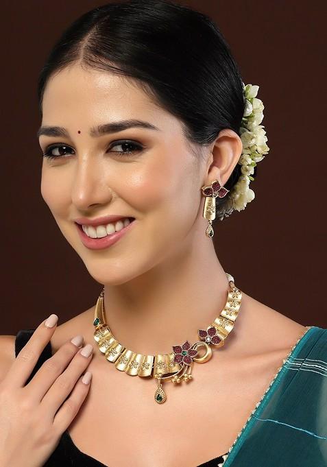 Gold Plated Artificial Stones and Beads Jewellery Set