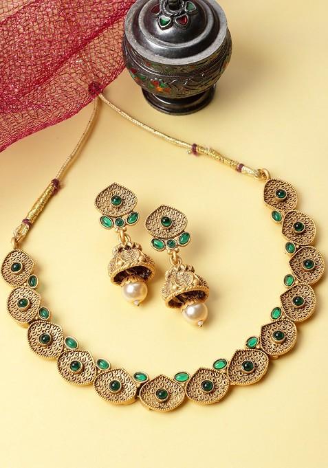 Gold Plated Artificial Stones and Beads Jewellery Set