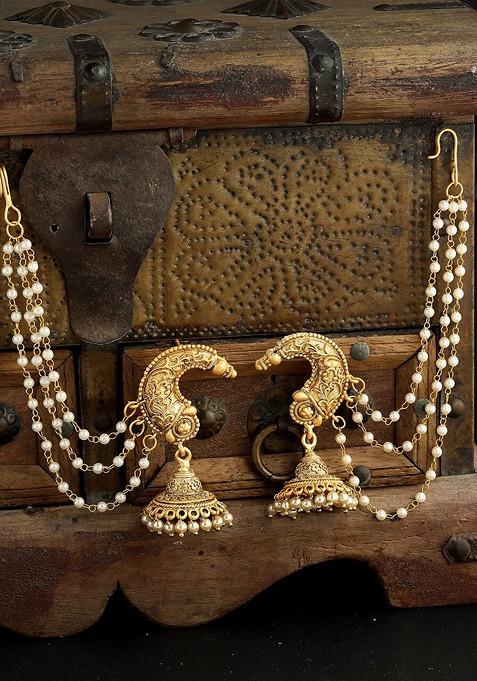 Gold Plated Beaded Jhumka Earrings With Ear Chain