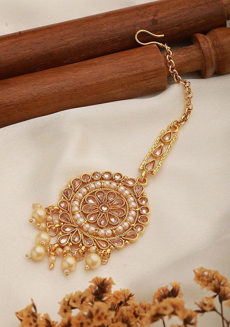 Gold Plated American Diamond Studded And Pearl Beaded Maang Tikka
