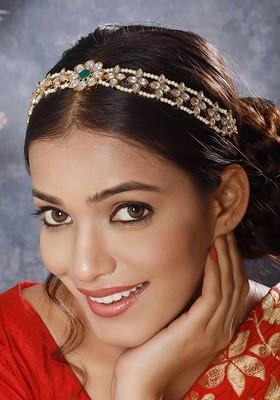 Gold-Plated Kundan-Studded And Pearl Beaded Sheeshphool