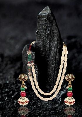 24 CT Gold Plated Stone Studded And Pearl Bead Jewellery Set