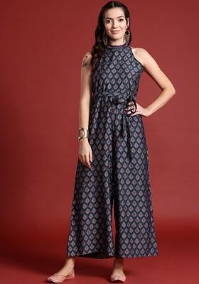 Halter Neck Printed Embroidered Culotte Jumpsuit With Belt