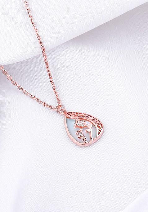 Indya X Giva 925 Sterling Silver Rose Gold Plated Stone Studded Divine Bloom Pendant And Link Chain