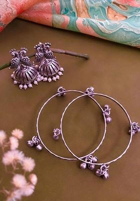 Set Of 2 Silver Plated Peacock Shaped Jhumkas With Bangles